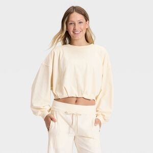 JoyLab Women's Bubble Hem Long Sleeve Top Cream XXL